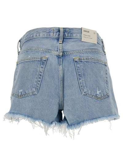 Shop Agolde 'parker' Light Blue Shorts With Rips And Raw-edged Hem In Cotton Denim Woman