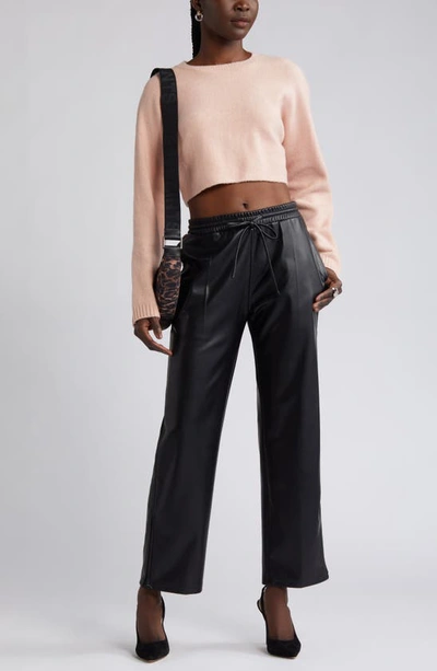 Open Edit Faux Leather Drawstring Track Pants In Black