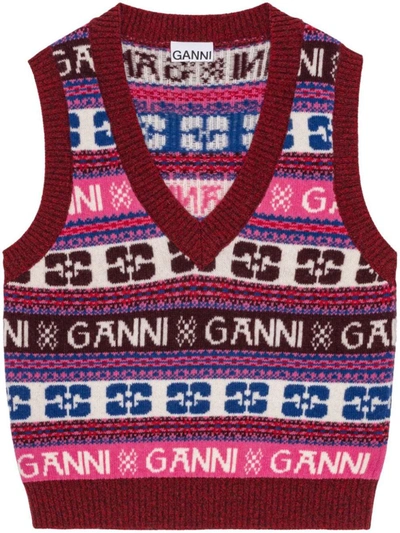 Shop Ganni Logo Wool Vest In Multicolour