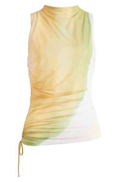 Shop Topshop Watercolor Ruched Side Mesh Tank In Yellow