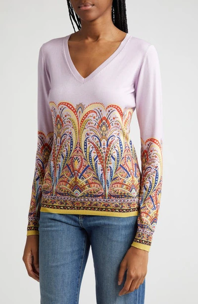 Shop Etro Silk Blend V-neck Sweater In Print On Purple Base