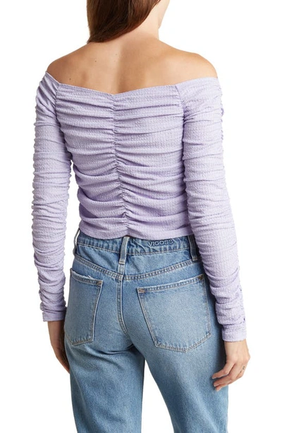 Shop Elodie Ruched Off The Shoulder Long Sleeve Top In Lavender
