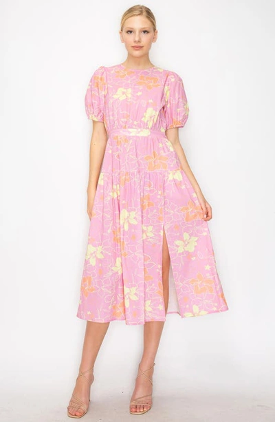 Shop Melloday Tropical Print Puff Sleeve Midi Dress In Pink Brown