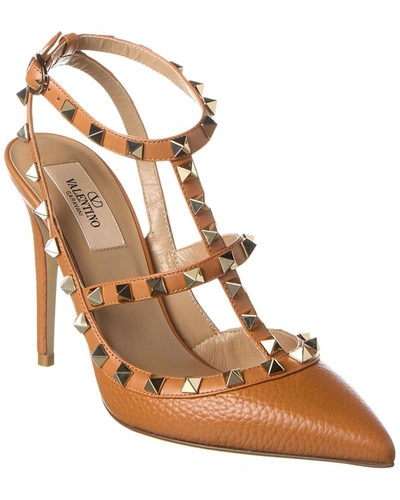 Shop Valentino Rockstud Caged 100 Grainy Leather Pump In Beige