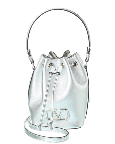 Shop Valentino Vlogo Signature Mini Leather Bucket Bag In Silver