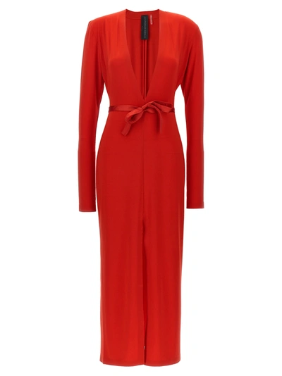 Shop Norma Kamali Long Deep V-neck Dress Dresses Red