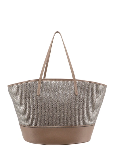 Shop Brunello Cucinelli Straw And Leather Shoulder Bag With Laminated Effect