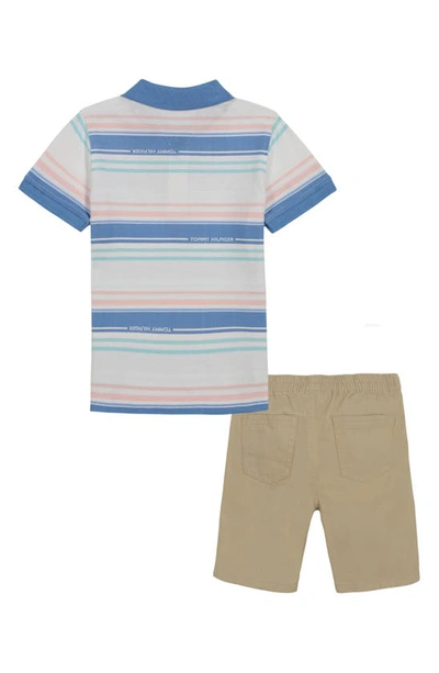 Shop Tommy Hilfiger Kids' Stripe Polo & Shorts In White/ Blue/ Tan