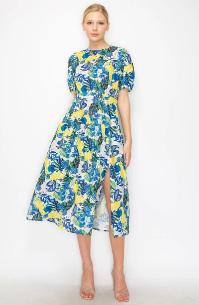 Shop Melloday Tropical Print Puff Sleeve Midi Dress In Stone Blue/yellow