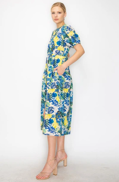Shop Melloday Tropical Print Puff Sleeve Midi Dress In Stone Blue/yellow