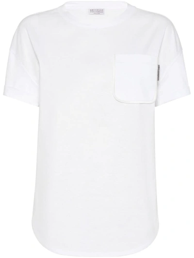 Shop Brunello Cucinelli Shiny Tab Cotton T-shirt In White