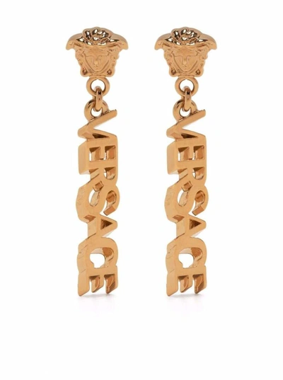 Shop Versace Woman's Gold Colored Metal Earrings With Medusa Logo In Grey