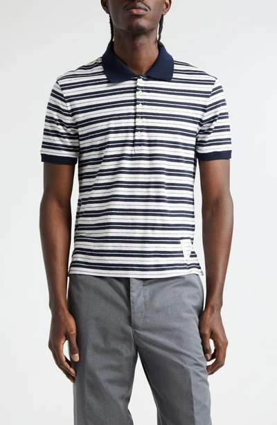 Shop Thom Browne Stripe Stretch Linen Polo In Navy