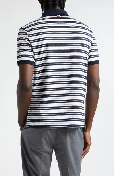 Shop Thom Browne Stripe Stretch Linen Polo In Navy