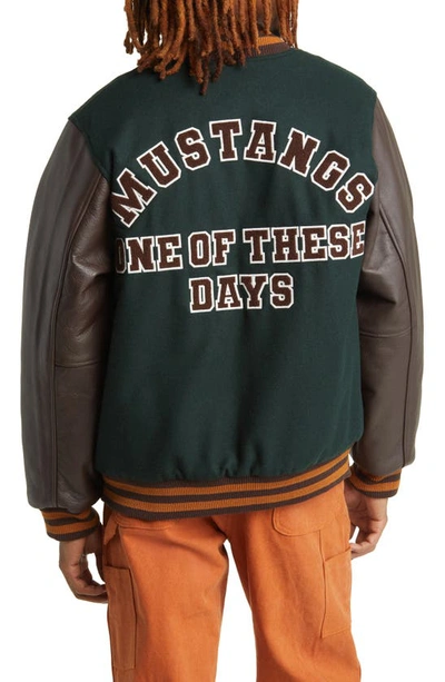 Shop One Of These Days Mustang Wool & Leather Varsity Bomber Jacket In Green/ Brown