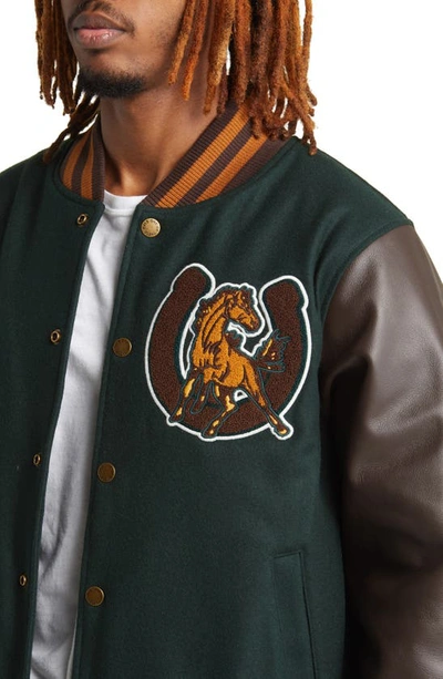 Shop One Of These Days Mustang Wool & Leather Varsity Bomber Jacket In Green/ Brown