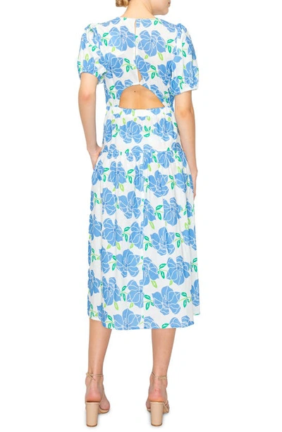 Shop Melloday Tropical Print Puff Sleeve Midi Dress In White Blue Multi