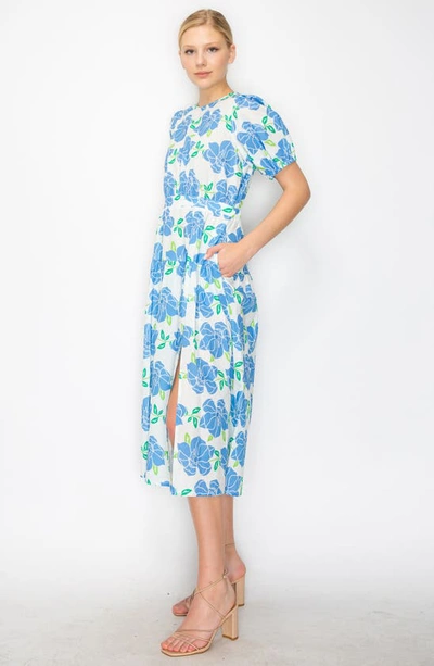 Shop Melloday Tropical Print Puff Sleeve Midi Dress In White Blue Multi