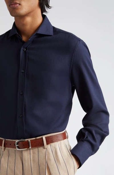 Shop Brunello Cucinelli Basic Fit Cotton & Cashmere Twill Button-up Shirt In C415-blue