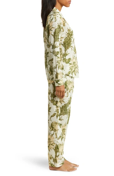 Shop Desmond & Dempsey Long Sleeve Cotton Pajamas In Nightbloom Cream/ Green