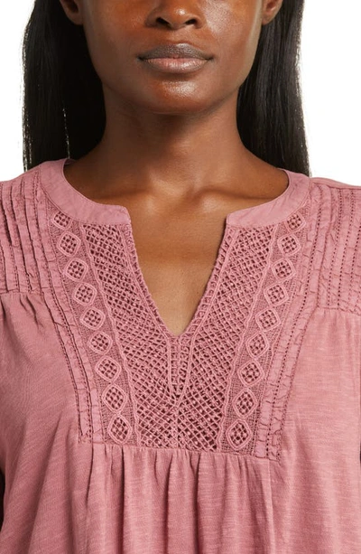 Shop Lucky Brand Lace Pintuck Yoke Cotton Peasant Top In Roan Rouge