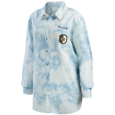 Shop Wear By Erin Andrews White Boston Bruins Oversized Tie-dye Button-up Denim Shirt
