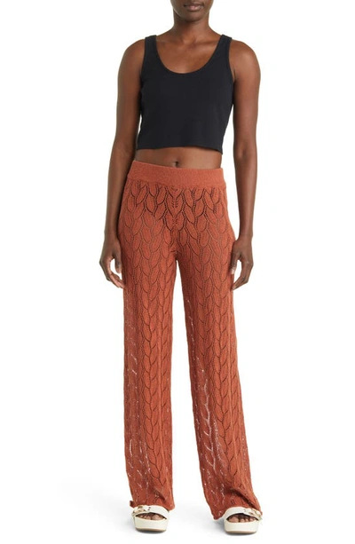 Shop Topshop Flare Open Stitch Knit Pants In Burgundy