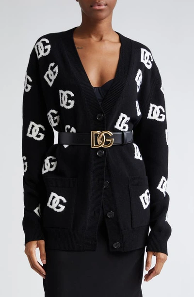 Shop Dolce & Gabbana Dolce&gabbana Dg Logo Intarsia V-neck Cashmere Cardigan In Black Inlay