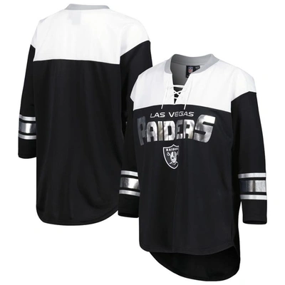 Shop G-iii 4her By Carl Banks Black/white Las Vegas Raiders Double Team 3/4-sleeve Lace-up T-shirt