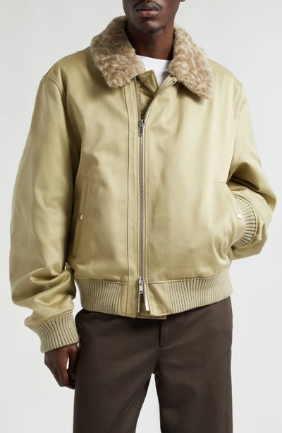 Shop Burberry Cotton Sateen Bomber Jacket With Genuine Shearling Collar In Hunter