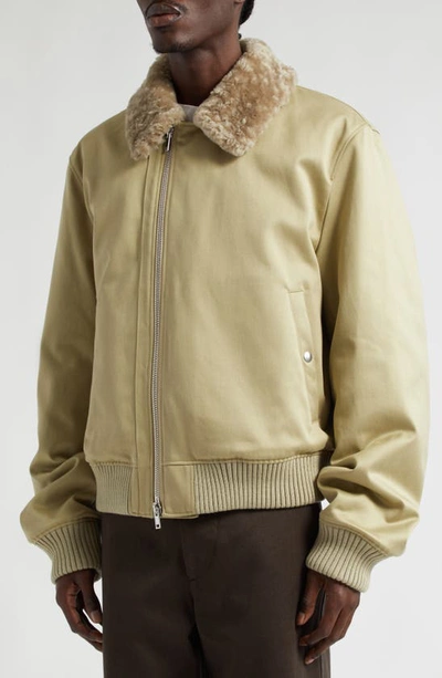 Shop Burberry Cotton Sateen Bomber Jacket With Genuine Shearling Collar In Hunter