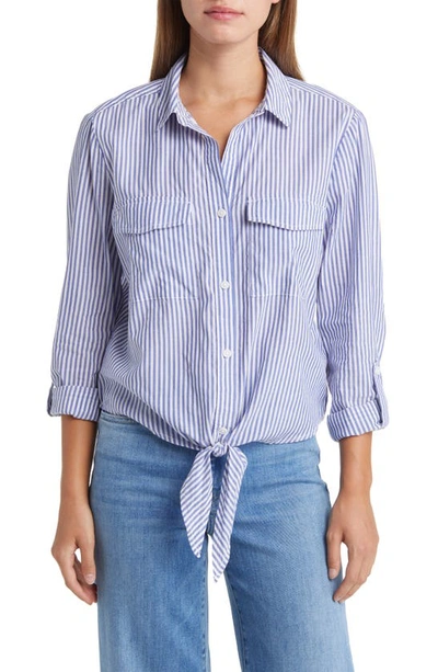 Shop Beachlunchlounge Stripe Tie Front Cotton & Modal Button-up Shirt In Sea Water