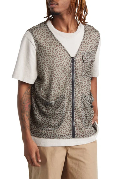 Shop Checks Leopard Print Mesh Zip-up Vest In Olive