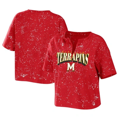 Shop Wear By Erin Andrews Red Maryland Terrapins Bleach Wash Splatter Cropped Notch Neck T-shirt