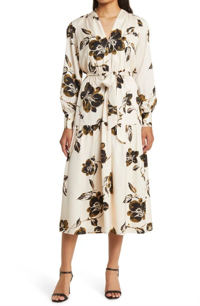 Shop Anne Klein Floral Print Tiered Long Sleeve Midi Dress In Antique White/ Black