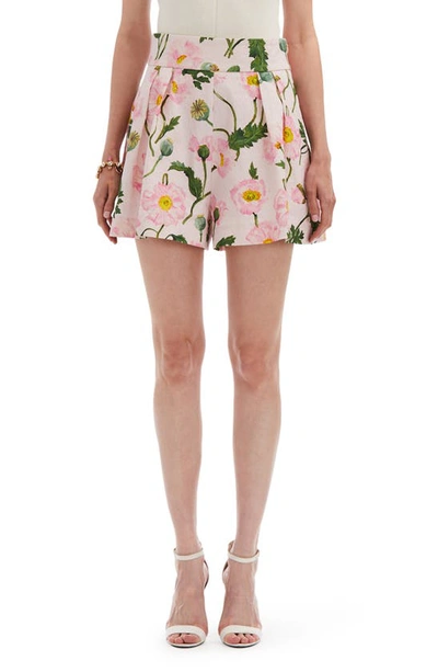 Shop Oscar De La Renta Poppy Print Pleated Cloqué Jacquard Shorts In Pink/ Soft Pink