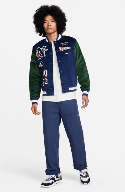 Shop Nike Corduroy Varsity Jacket In Midnight Navy/ Fir