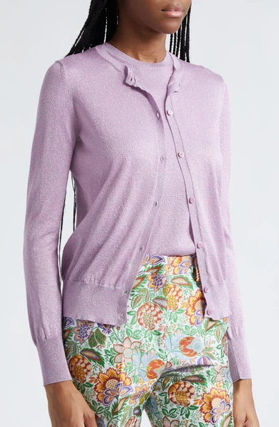 Shop Etro Metallic Silk Blend Cardigan In Lilac