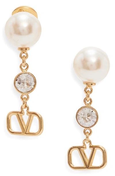 Shop Valentino Vlogo Imitation Pearl & Crystal Drop Earrings In Y49 Oro 18/ Cream/ Crystal