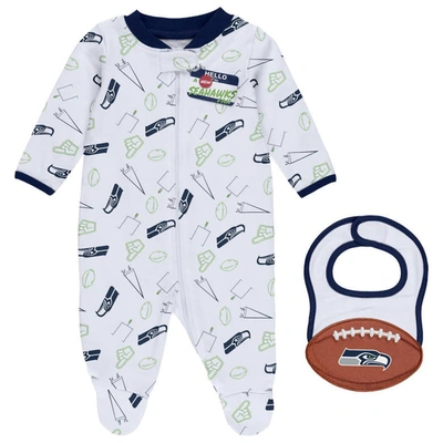 Shop Wear By Erin Andrews Newborn & Infant  White Seattle Seahawks Sleep & Play Full-zip Sleeper & Bib Set In Navy