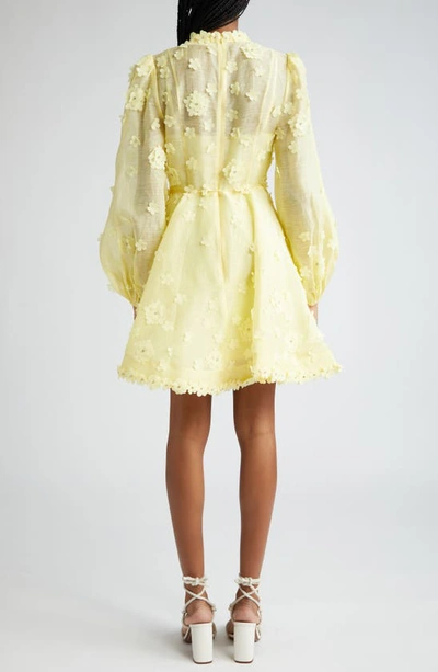 Shop Zimmermann Matchmaker Floral Appliqué Long Sleeve Linen & Silk Organza Minidress In Lemon