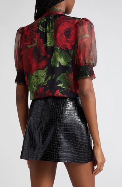 Shop Alice And Olivia Brentley Floral Tie Neck Puff Sleeve Top In Cloud Floral Bordeaux Lg