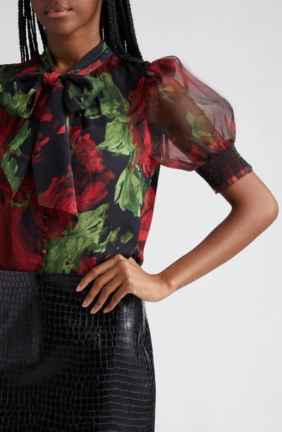 Shop Alice And Olivia Brentley Floral Tie Neck Puff Sleeve Top In Cloud Floral Bordeaux Lg