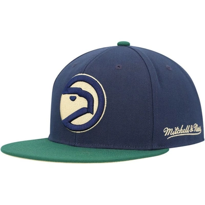 Shop Mitchell & Ness Navy/green Atlanta Hawks 25 Seasons Hardwood Classics Grassland Fitted Hat In Blue