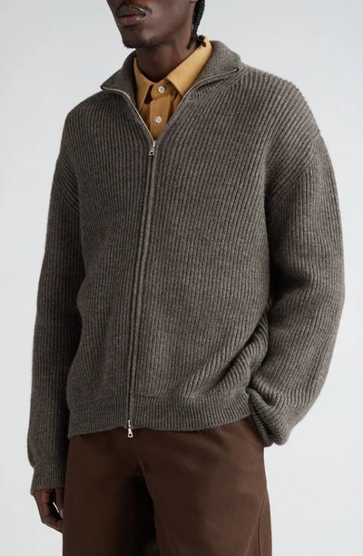 Shop De Bonne Facture Front Zip Rib Wool Cardigan In Dark Grey