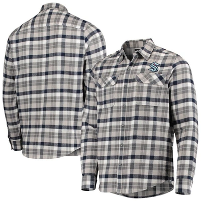 Shop Antigua Deep Sea Blue/gray Seattle Kraken Ease Plaid Button-up Long Sleeve Shirt In Navy