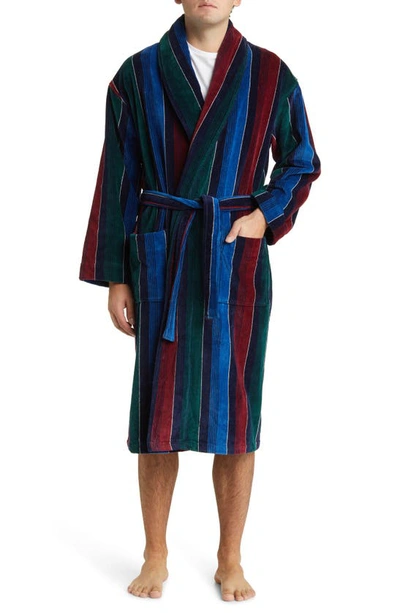 Shop Majestic Statement Stripes Shawl Collar Terry Cloth Robe In Navy/ Green