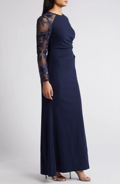 Shop Eliza J Sequin Embroidered Long Sleeve Gown In Navy