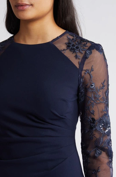 Shop Eliza J Sequin Embroidered Long Sleeve Gown In Navy