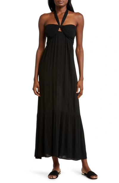 Shop Elan Tiered Halter Maxi Cover-up Dress In Black